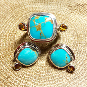Turquoise and Fire Citrine Ring and Earring Set